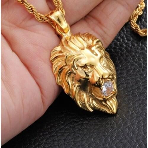 Classic Punk Zircon Gold Lion Pendant Necklace Mens High Quality Metal Rock Party Jewelry