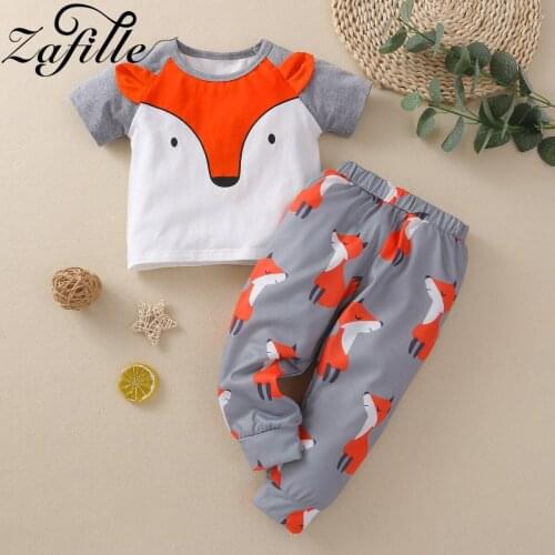 ZAFILLE Gray Fox Baby Boy Clothes For Newborns Summer Cartoon Infant Clothes Sets Top and Pants Toddler Kids Suit
