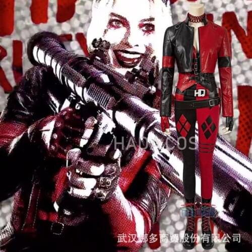 Harley Superhero Quinn Costume Harleen Quinzel Cosplay Joker PU Leather Coat Jacket Pants Belt Gloves Cosplay Costumes Adult