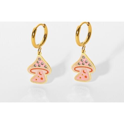 Summer Mushroom Drop Stainless Steel Jewerly 18K Gold Diamond Pink Enamel Mushroom Charm Hoop Earrings For Cute Girls
