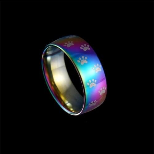 Fashion Man Dog Cat Bear Paw Rings Titanium Stainless Steel Rainbow Animal Pet Footprint Ring Women Wedding Jewelry Accessories