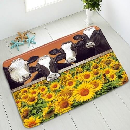 Non-Slip Bath Mat Cow Sunflower Flowers Indoor Water Absorption Floor Mats Doormat Flannel Washable Carpet Foot Pads Home Decor