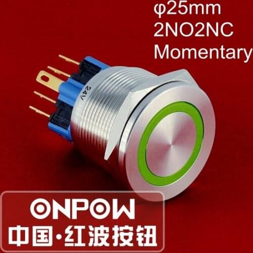 ONPOW 25mm 2NO2NC 12V/24V/220V Green Ring LED Waterproof IP65 Stainless steel Push button switch (GQ25PF-22E/G/12V/S) CE,ROHS