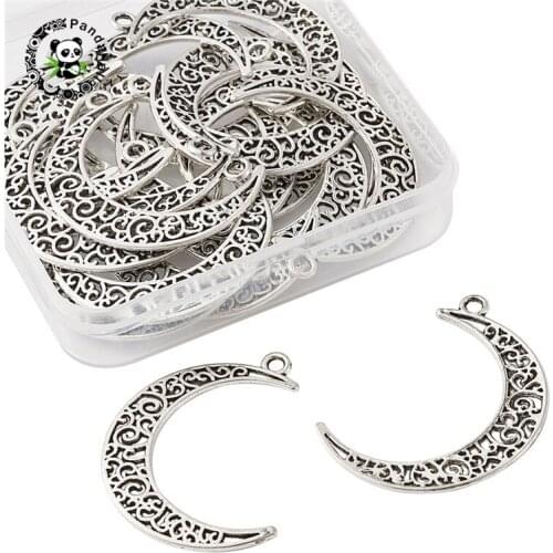 Pandahall 20pcs/Box Tibetan Style Alloy Crescent Moon Pendants for Jewelry Findings Necklaces Making 40x29x1mm Hole: 2.5mm