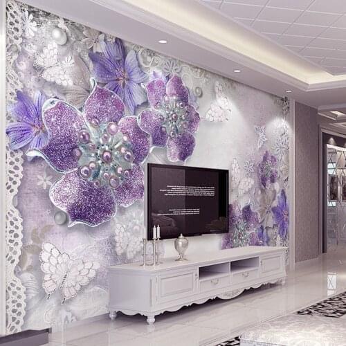 Custom Wall Mural Wall Papers Home Decor European Style Pearls Butterfly Purple Flowers Wall Painting Living Room TV Background