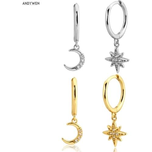 ANDYWEN 925 Sterling Silver 8.5mm Moon SnowFlower Dangle Charm Earring Drop Luxury Zircon CZ Fashion Women Jewelry Piercing