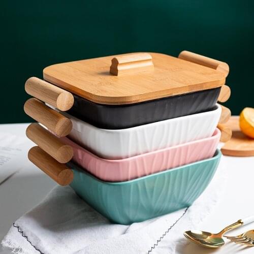 Nordic Ceramic Salad Fruit Plate with Bamboo Lid and Handle Large Capacity Noodle Bowl Soup Dish Storage Tray Kitchen Dinnerware