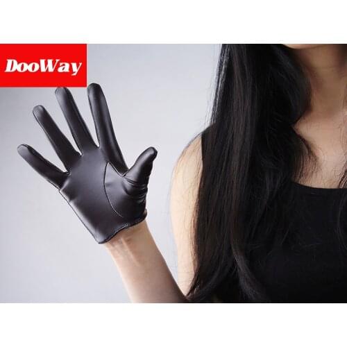 DooWay Extra Short Leather Gloves Faux Lambskin PU Dark Brown Coffee