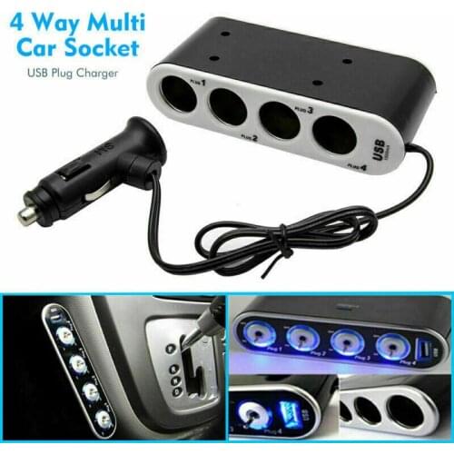 Universal 12V/24V 4 Way Car Cigarette Lighter Power Adapter Socket Splitter Charger with LED Light Independent Switch + USB Port