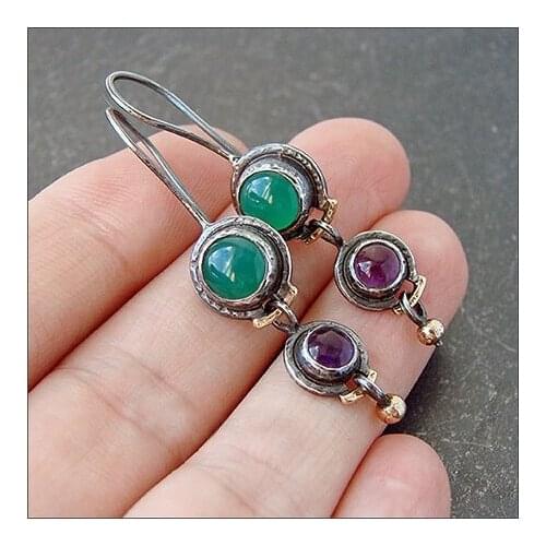 Vintage Jewelry 925 Silver Green Emerald and Purple Amethyst Gemstone Dangle Hook Earring Wedding Engagement Earrings for Women