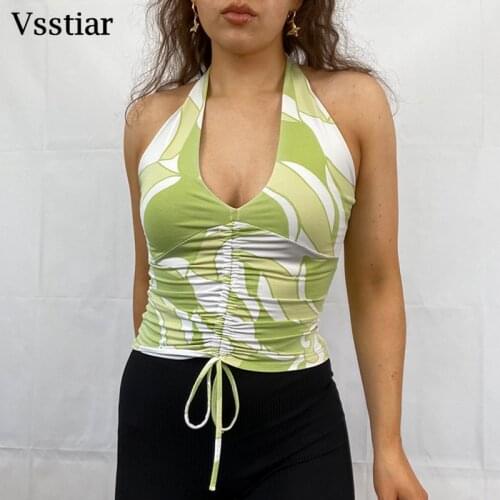 Vsstiar Y2K Halter Tank Top Summer Shirring Backless Vintage Women Clothes 2021 Fashion Clubwear Sleeveless Printed Crop Tops