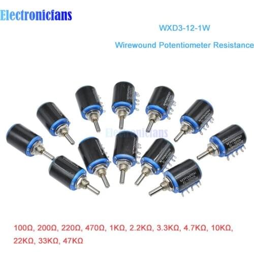 WXD3-12-1W WXD3-12 1W Wirewound Potentiometer Resistance 100R 200R 470R 1K 2.2K 4.7K 10K 22K 47KΩ Ohm 5 Turns Linear Rotary