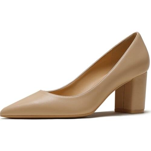 Woman Slip On Square High Heels Office Lady Genuine Soft Leather Pointed Toe Solid Black Pumps Female Sexy Wedding Shoes M0051