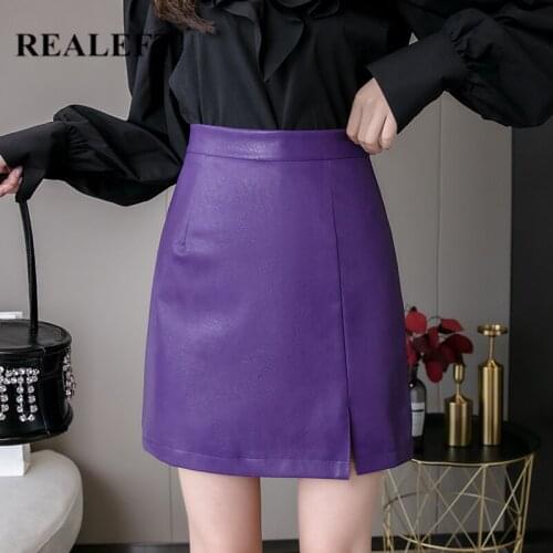 REALEFT Purple PU Leather Wrap A-Line Skirts Autumn Winter Solid Womens Skater Skirt High Waist Sheath Sexy Mini Skirts Female