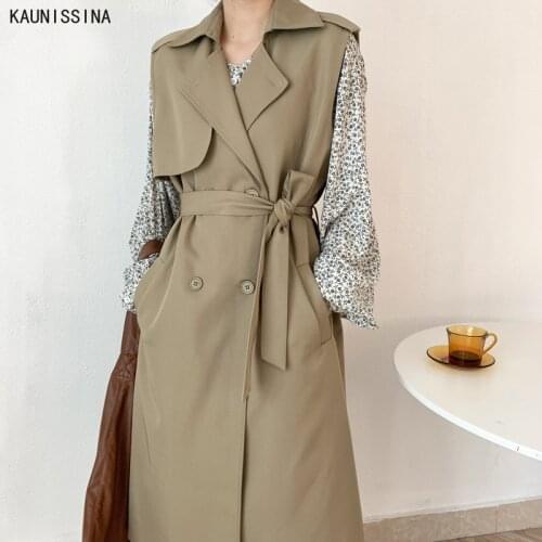 Women Autumn Trench Coat Vest Sleeveless Turn-down Collar Double Breasted Ladies Long Waistcoat Streetwear Long Windbreaker