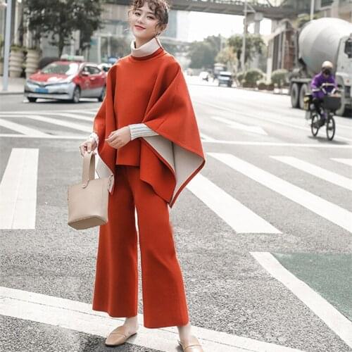 High Quality Sweatsuits For Women Set New Autumn Winter Cloak Cape Knitted Pullover Tops High Waist Pants Trousers 2 Piece Suits