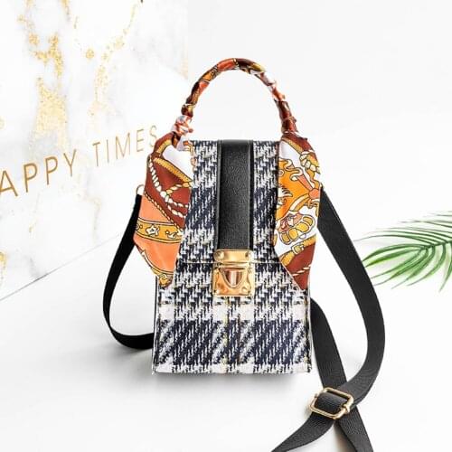 Retro Women Silk Scarf Shoulder Bag Leather Plaid Print Bag Hand Lock Shell Phone Bag Womens Handbag Purses Chain Crossbody Bag