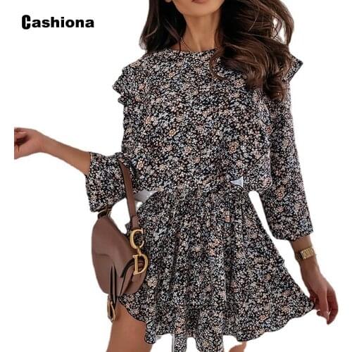 Claasic Flower Print Sweet Dress For Women Long Sleeve Slim Waist Party Dress Bohemain 2021 Summer Ruffles Short Dresses Femme