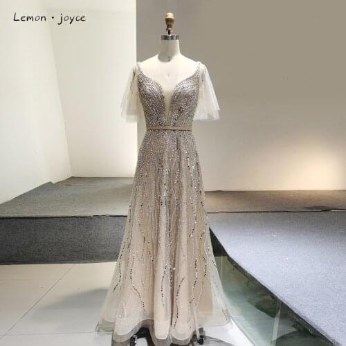Lemon Joyce Champagne Luxury Evening Dresses 2021 V-Neck Beading A-Line Evening Gowns Formal Dress Plus Size