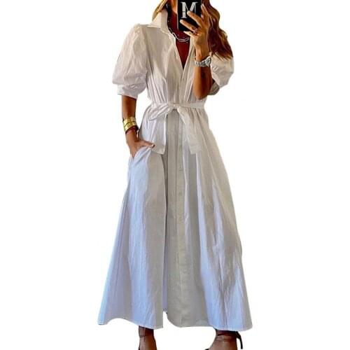 Women Summer Dress Elegant V Neck Vintage Bow Belt Sundress Puff Short Sleeve Buttons Closure Shirt Maxi Dress for Banquet