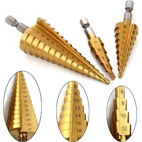 3PC Metric Spiral Flute The Pagoda Shape Hole Cutter 4-12/20/32mm HSS Steel Cone Drill Bit Set HSS Steel Step Sharpening