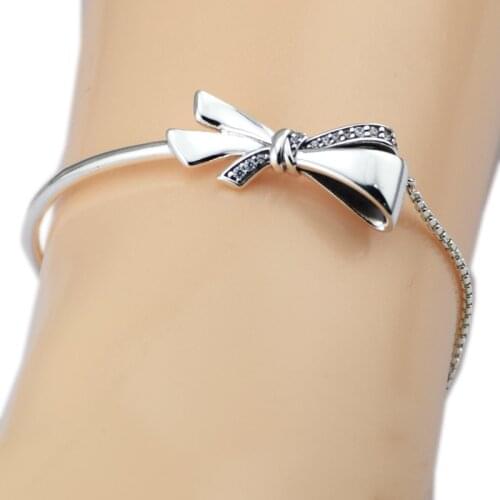 Genuine 925 Sterling Silver Brilliant Bow Bracelet for Women Party Wedding Jewelry Gift pulseras Wholesale B057