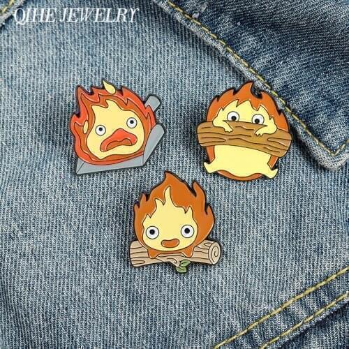 Calcifer Enamel Pin Fire Demon With Log Dustpan Brooches Flame Inspired Badges Anime Film Jewelry Gift for Child Kids