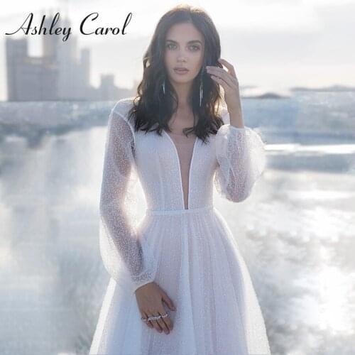Ashley Carol A-Line Wedding Dress 2021 Elegant V-neck Puff Sleeve Mid Back Beach Bride Dresses Shiny Beading Sashes Bridal Gown