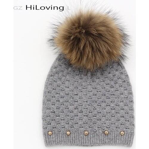 GZHilovingL Brand Winter Autumn Fashion Elegant Women Wool Knitted Beanies Caps Real Raccoon Fur Pompom Beanie Hats For Women