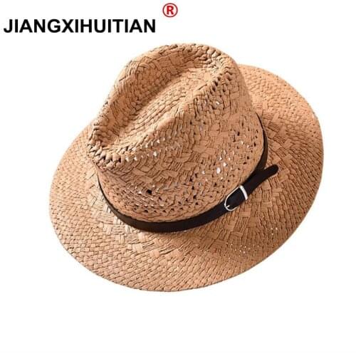 Jiangxihuitian Brands 2018 new Summer Hats for Women Casual Solid Straw Hat Panama Cowboy Caps Men Hollow Out Belt Beach Sun Hat