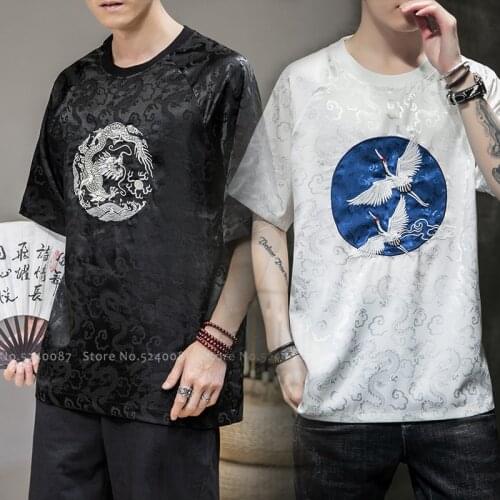 Chinese Style Dragon Embroidery Cotton Shirts Men Casual Fashion Short Sleeve T-shirt Retro Hanfu Tee Tops Korean Streetwear