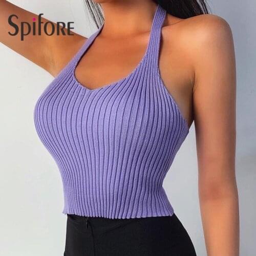 Spifore Off Shoulder Halter Crop Top New Fashion Backless Knitted Tight Clothes Women Sleeveless Clubwear Sexy Tanks Tops Femme