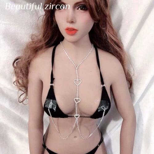 Fashion women Rhinestone hollow heart body chain underwear jewelry non penetrating milk ring crystal body chain bra Necklace