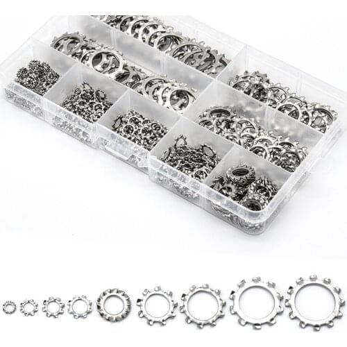 410Pcs/Box M3 M4 M5 M6 M8 M10 M12 M14 M16 304 Stainless Steel Serrated External Tooth Lock Washer Kit Toothed Gasket Box Set
