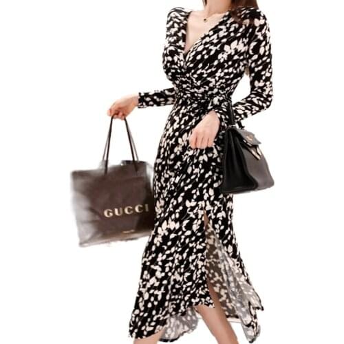 Maxi Dress for women Long Sleeve black Elegant floral Print V Neck cotton robe vestidos female casual Loose Boho Dresses
