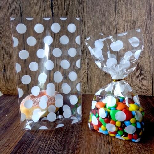 Hot 50pcs White Polka Dots Party Transparent Cookies Bags - Cellophane Bag - Candy Bags 21X13x4cm Open Top