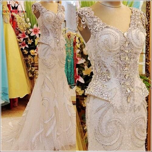 Real Photo Luxury Evening Dresses Bride Dress Mermaid V-neck Tulle Crystal Diamond Prom Party Dress Evening Gown Custom EV01M