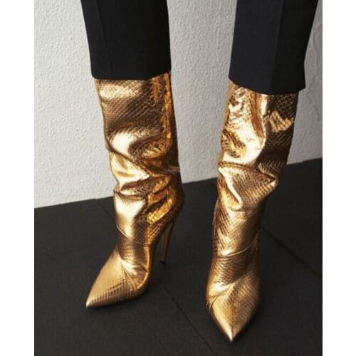 Sexy Gold Metallic Leather High Heel Boots Sexy Pointed Toe Knee High Boots Woman Fashion Thin Heels Runway Boots