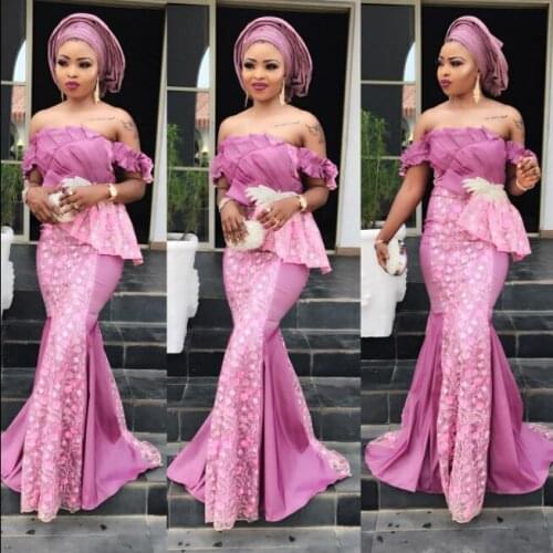 Lilac Aso Ebi South African Evening Dresses Mermaid Off The Shoulder Appliqes Lace Nigeria Saudi Arabic Evening Gown Prom Dress