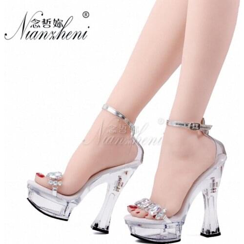 Rhinestone Elegant Buckle strap Crystal Spool heels Womens Sandals 18CM High heeled shoes 7 inches Crystal Platform Shallow New