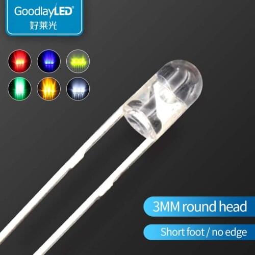 1000PCS Led 3mm Round Head short leg transparent white light red blue green and yellow straight inserted led beads