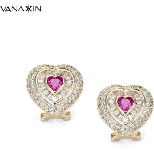 VANAXIN Heart Stud Earrings AAA Shiny Charms CZ Heart Shaped Earrings Gold Color Gift For Women Girl New Arrival Unique Back Box