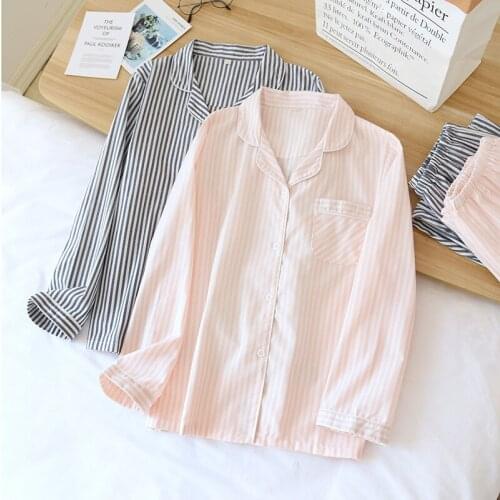 Spring Cotton Gauze Stripe Pajamas Double Gauze Couples Sleepwear Long Sleeve Casual Lounge Wear Two Piece Set Nightwear 2020