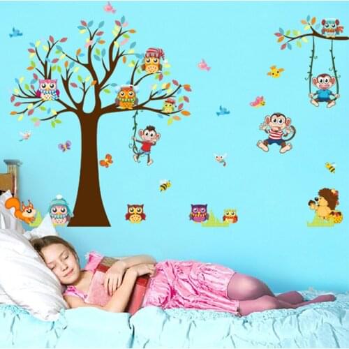 Cartoon forest animal big tree owl wall sticker Vinyl DIY monkey wall decals For Childrens room bedroom home decor sticker