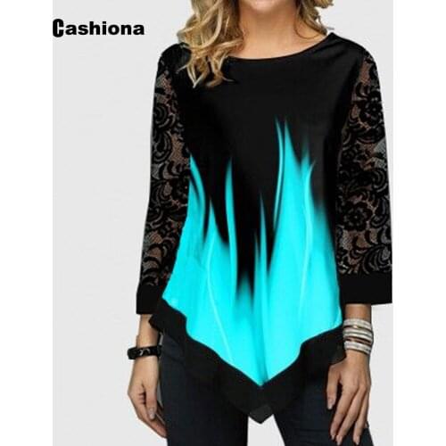 Plus Size Ladies Gradient Print T-shirt Patchwork Lace Sleeve Womens Top Fashion 2021 Summer Irregular Loose Tees shirt Femme