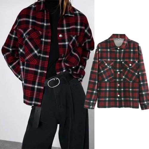 Za plaid blouse women thicken autumn shirt women turn down collar overcoat pocket decoration womens tops and blouses