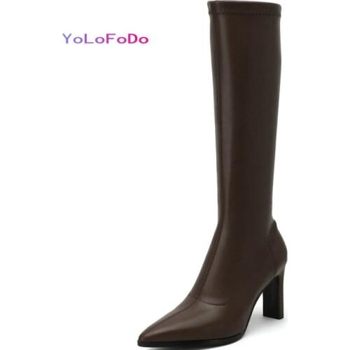2021 Autumn Winter Women Knee High Boots Fashion Pointed Toe Square High Heel Ladies Calf Boots PU Leather Dress Womens Shoes
