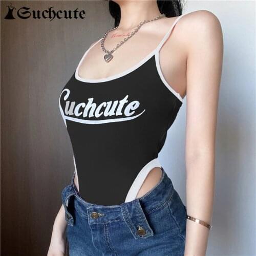 SUCHCUTE Letter Print Women Bodusuits Summer Sleeveless Y2K Clubwear Outfits Casual Sexy Skinny Backless Bodycon Rompers Clothes