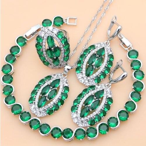 Ethnic Fashion 925 Sterling Silver Jewelry Sets Green Emerald Beads Claws Earrings Rings Necklace Set Women Party Dropshipping