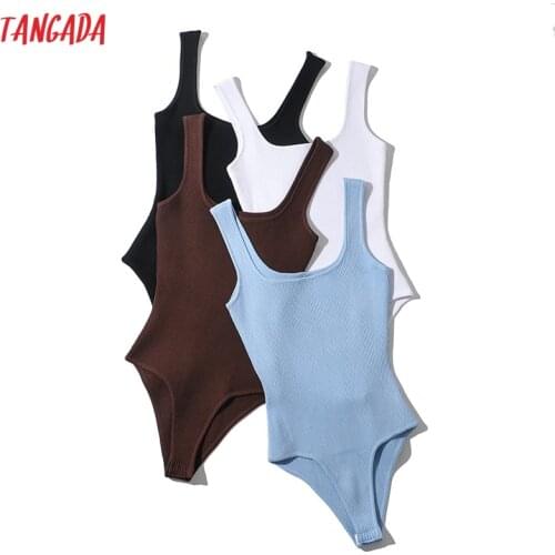 Tangada 2021 Summer Women Solid Square Collar Knit Playsuits Sleeveless Rompers Ladies Sexy Chic Jumpsuits LK24